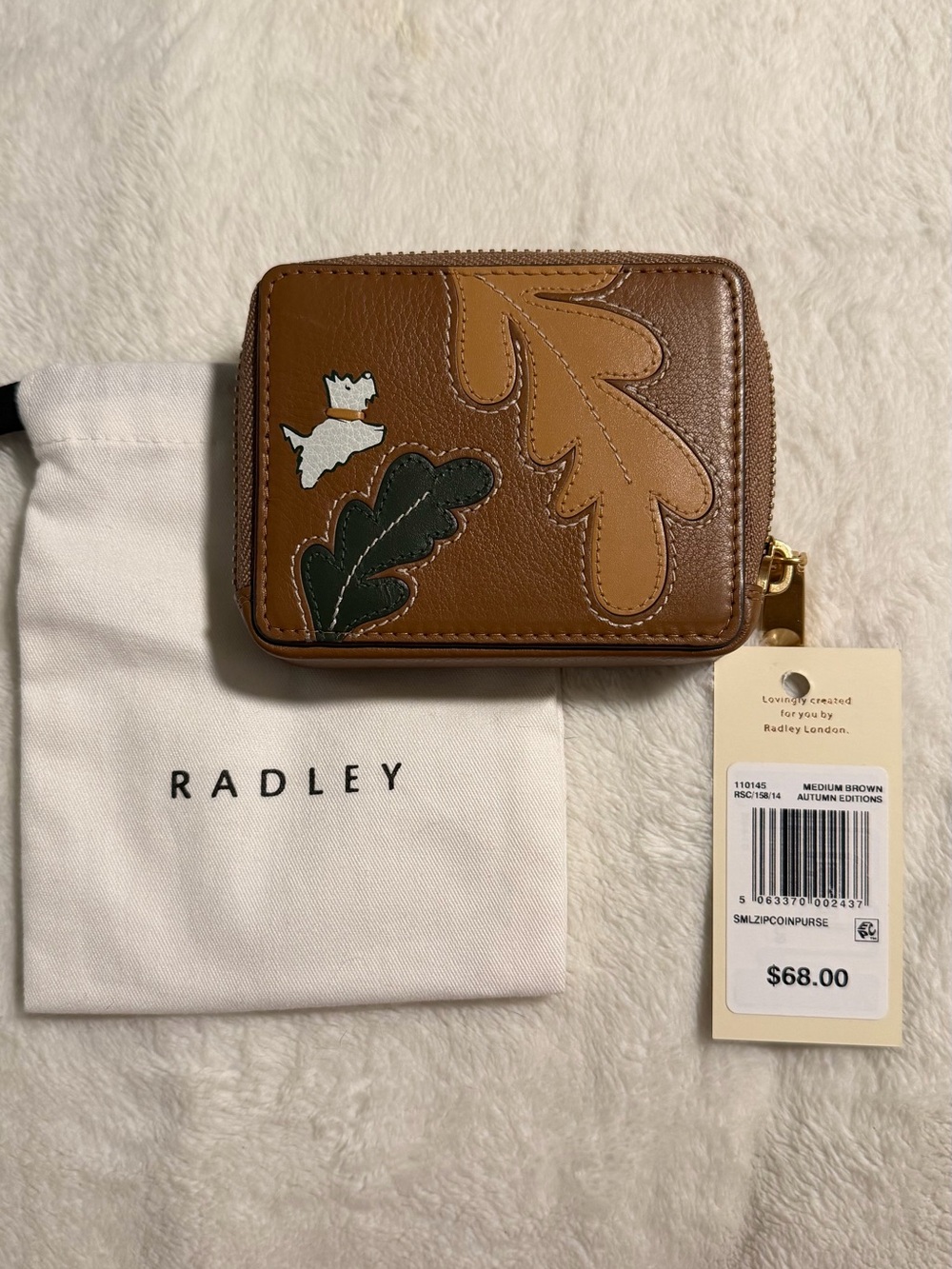 RADLEY LONDON Medium Brown Leather Zip Coin Purse with Leaf Appliqués